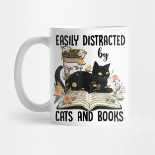Easily Distracted By Cats And Books Reading 2023 Flower Cat Book Lover Mug